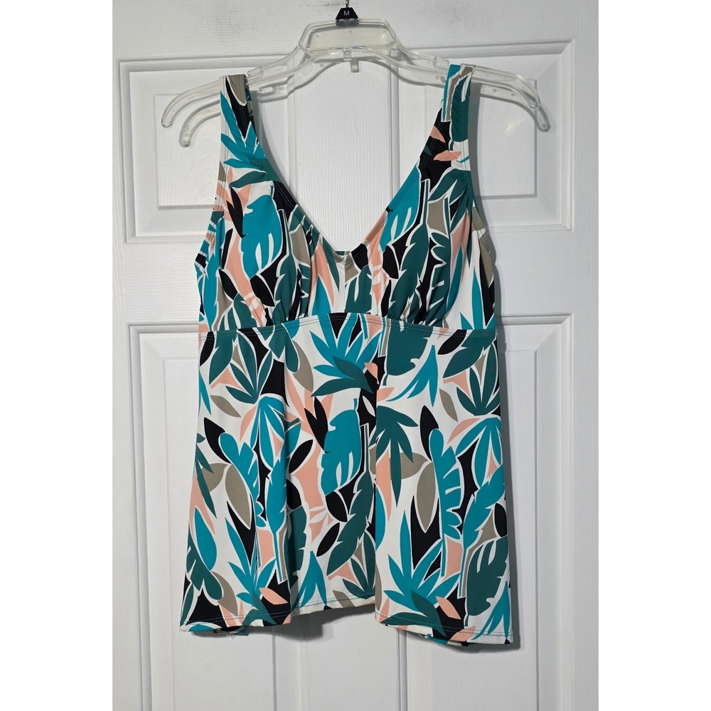 Swimsuits For All Women Tropical Leaf Print Tankini Top Teal Peach Black Size 12